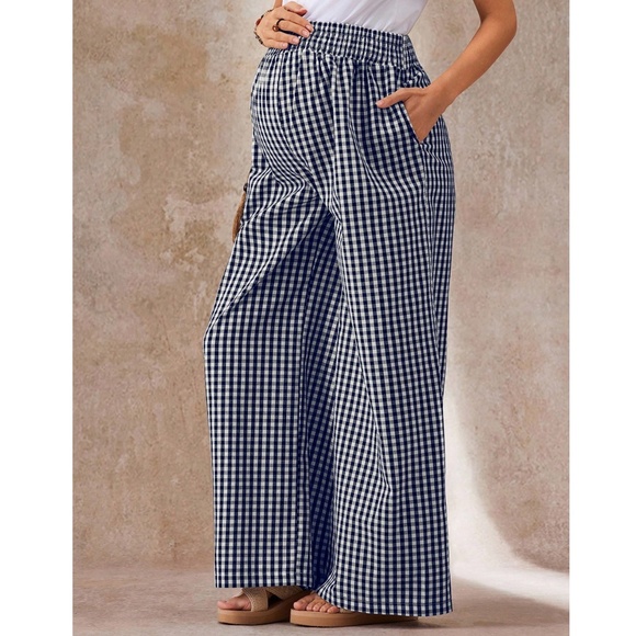 Maternity Plaid Print High Waisted Wide leg Lounge Pants - Picture 2 of 6